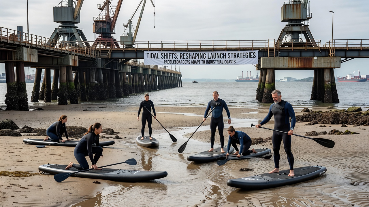 Karte mit Gezeitenströmungen und markierten Startpunkten für Paddleboarder bei einem industriellen Hafen