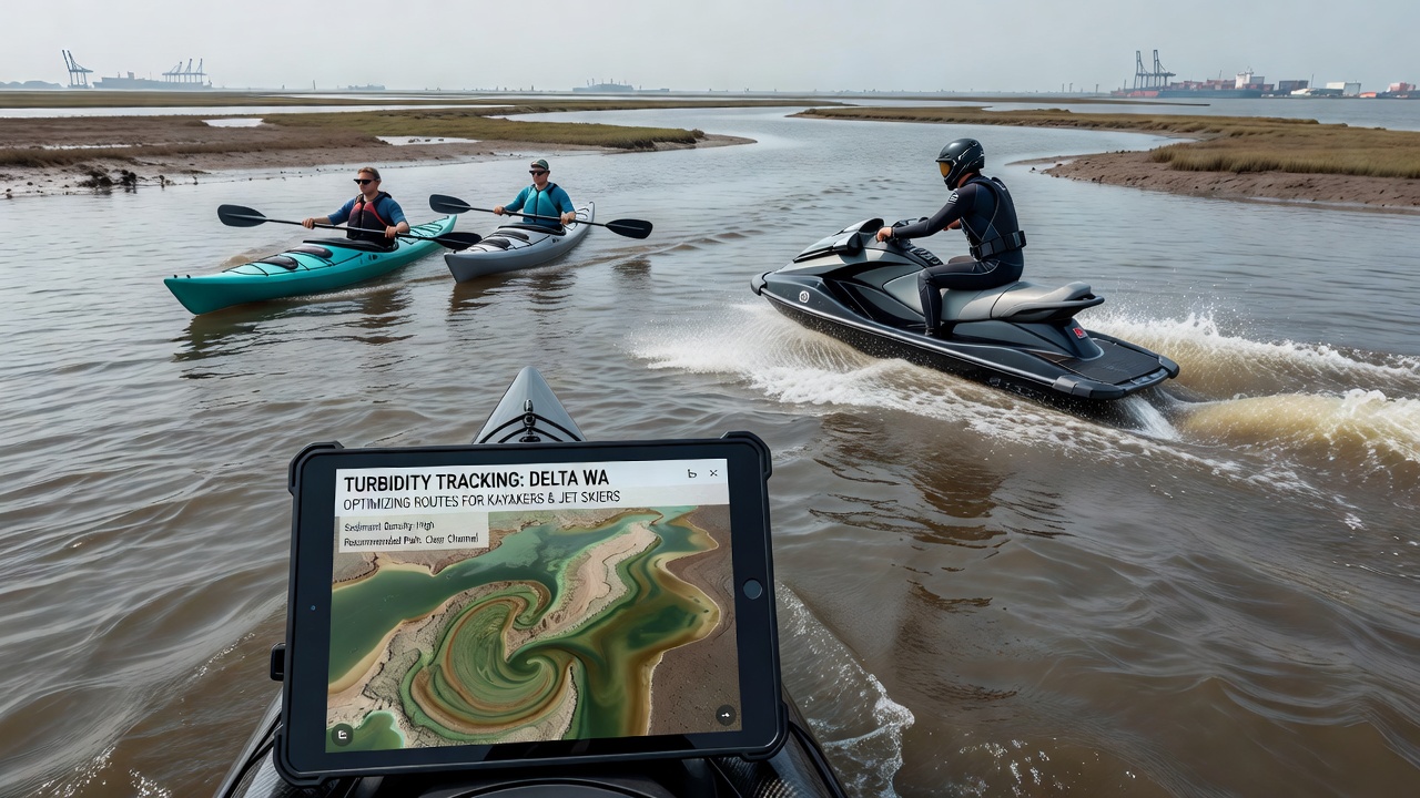 Kajakfahrer und Jetskifahrer auf trübem Delta-Wasser mit digitaler Routenanzeige auf Tablet